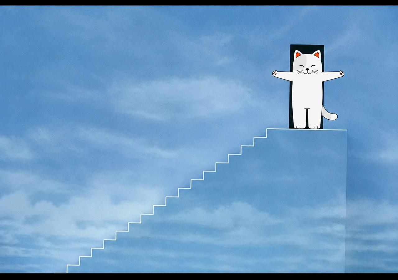 Purr Cat at the top of a stairway in the clouds