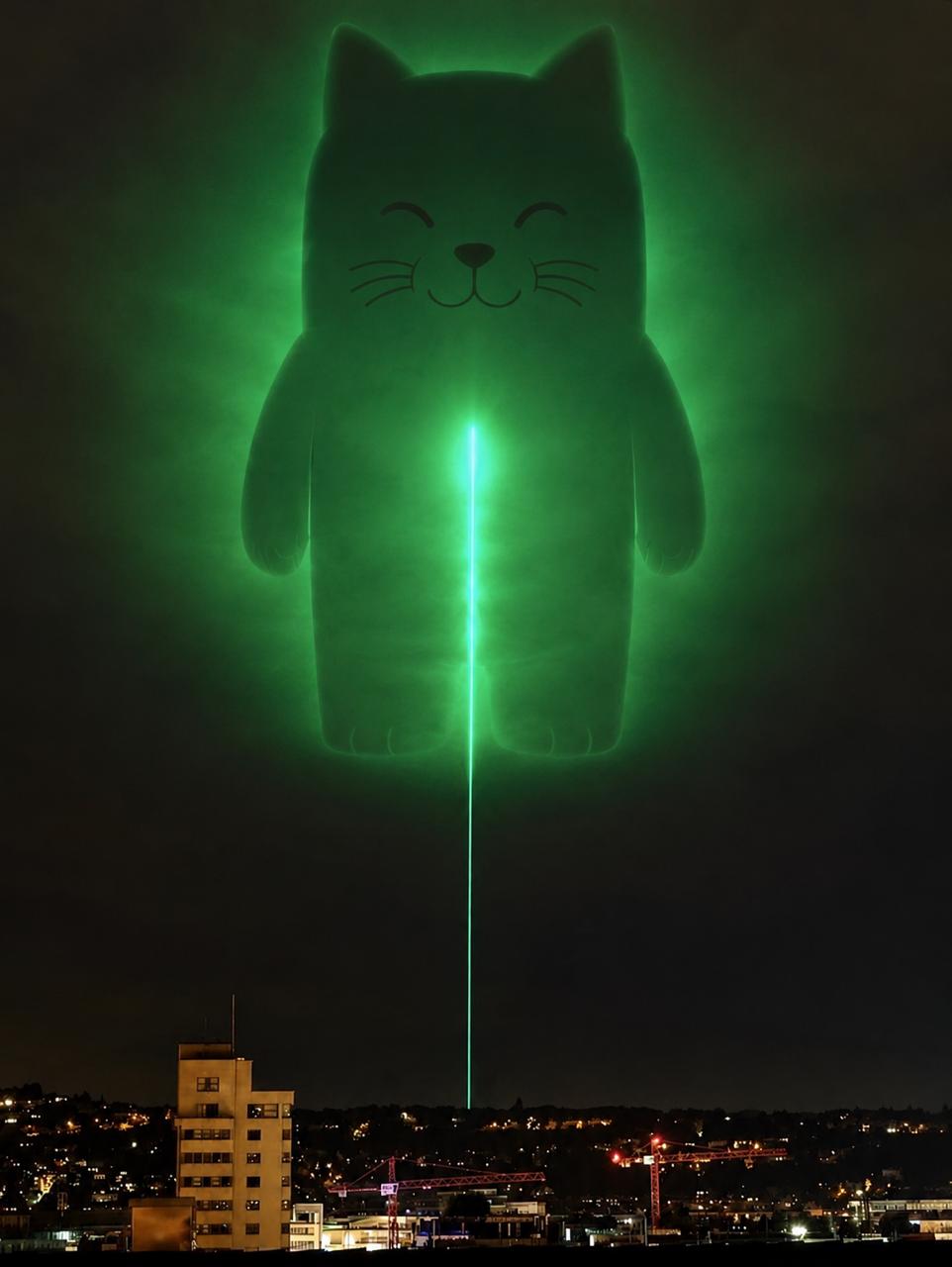 A glowing Purr Cat projected over a city