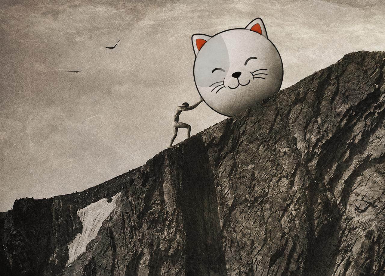 A person pushing a giant Purr Cat up a mountain
