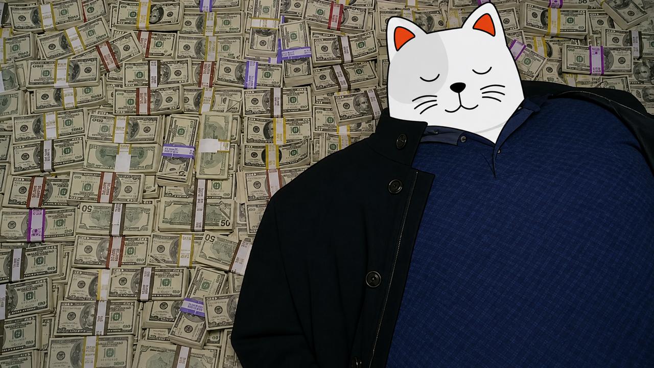 Purr Cat lying on stacks of money
